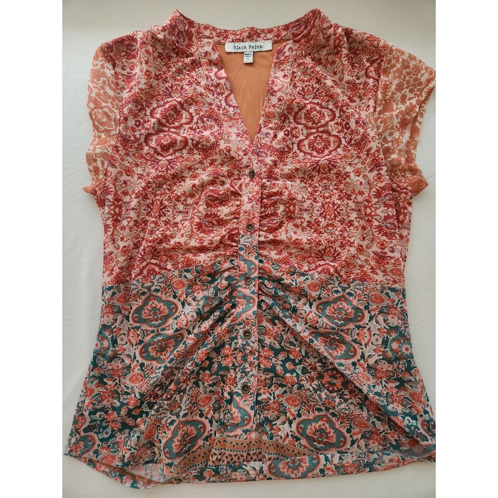 Black Rainn Boho Paisley Ruched Button Front Cap Sleeve Blouse Small Orange Teal
